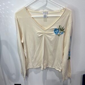 Hannah Embroidered Floral‎ Long Sleeve V Neck Top Cream Cotton Blend L